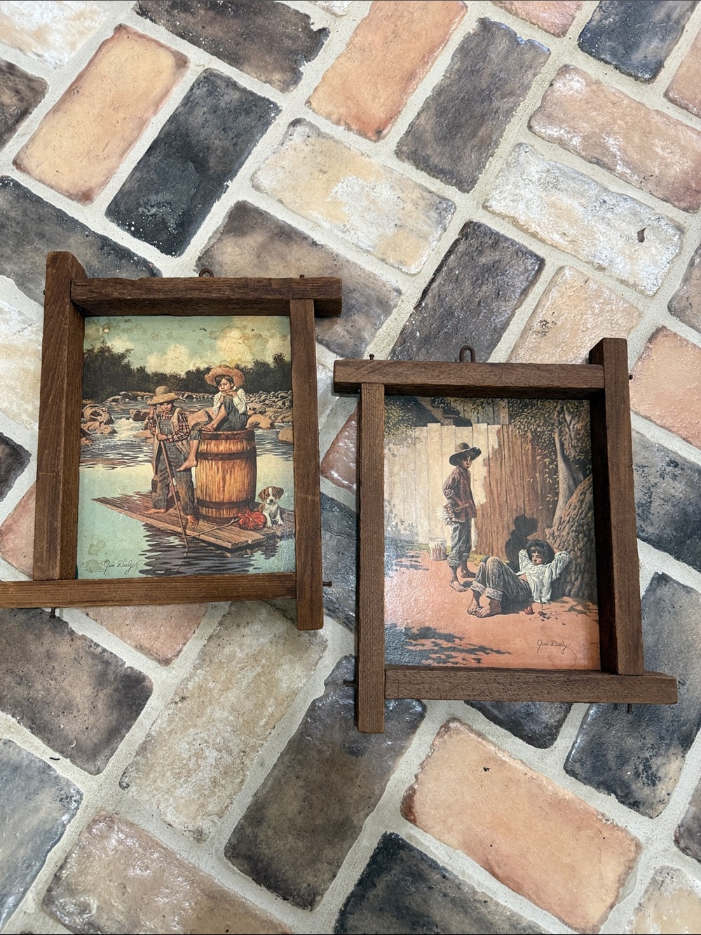 2 Vintage JIM DALY prints in very old rough wood